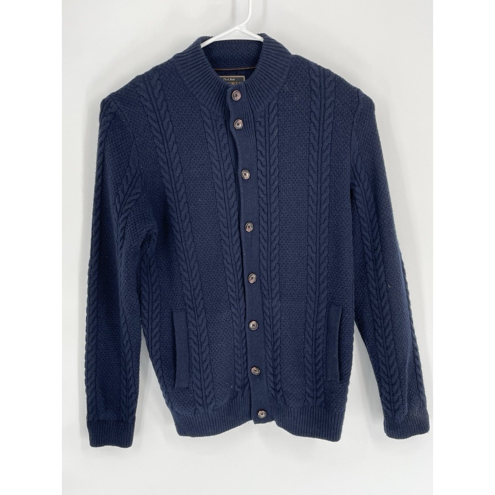 Jos. A. Bank Reserve Mens L Wool‎ Cable Knit Cardigan Sweater Navy Elbow Patches